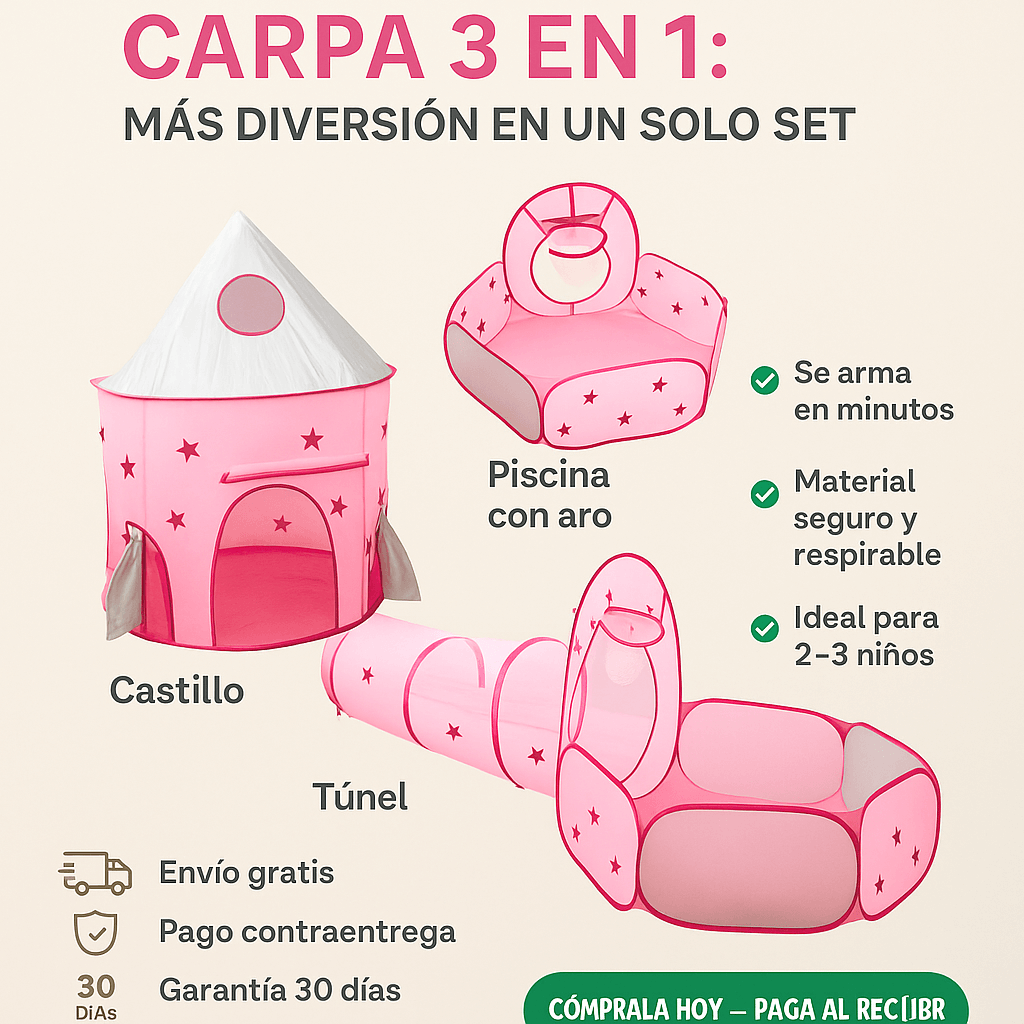 ¿Cansado de verlos aburridos y sin moverse? Dales el espacio de juego que necesitan con la Carpa Castillo 3 en 1