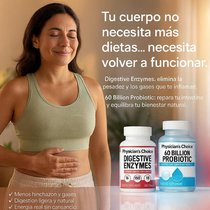 ENZIMAS DIGESTIVAS + PROBIÓTICOS CLÍNICOS QUE ENSEÑAN A TU CUERPO A PROCESAR LOS ALIMENTOS SIN INFLAMARSE NI ALMACENAR GRASA.(PAGA 1 Y LLEVA 2)
