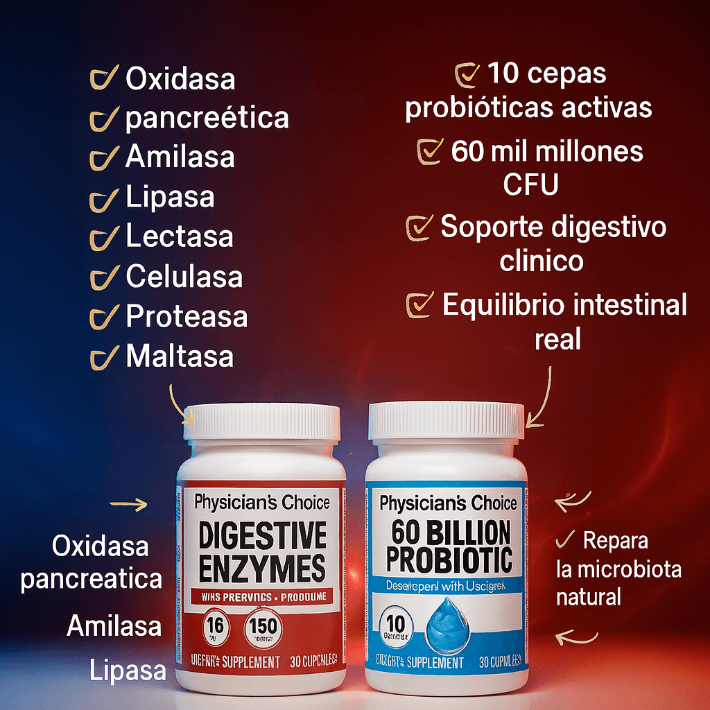 ENZIMAS DIGESTIVAS + PROBIÓTICOS CLÍNICOS QUE ENSEÑAN A TU CUERPO A PROCESAR LOS ALIMENTOS SIN INFLAMARSE NI ALMACENAR GRASA.(PAGA 1 Y LLEVA 2)