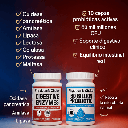 ENZIMAS DIGESTIVAS + PROBIÓTICOS CLÍNICOS QUE ENSEÑAN A TU CUERPO A PROCESAR LOS ALIMENTOS SIN INFLAMARSE NI ALMACENAR GRASA.(PAGA 1 Y LLEVA 2)